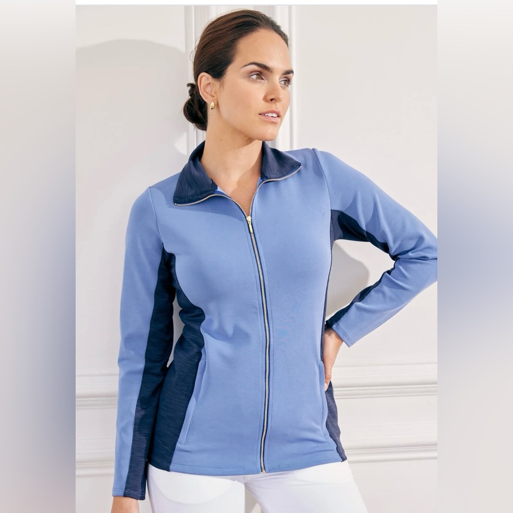 Beautiful ladies golf full zip, soft blue fabric with gold zipper size M